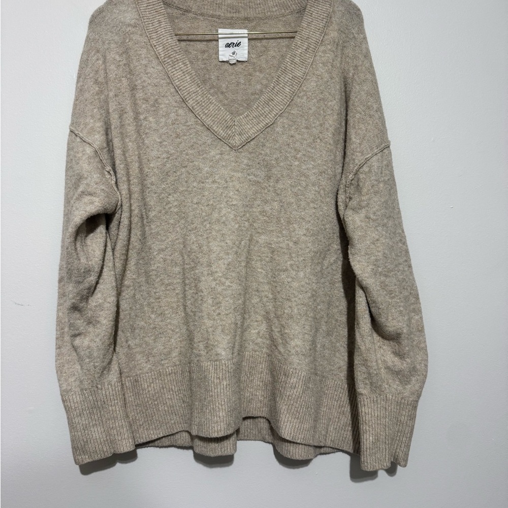 Aerie Unreal V Neck Sweater Womens Size Large Beige Oversized Long Sleeve - Picture 2 of 11